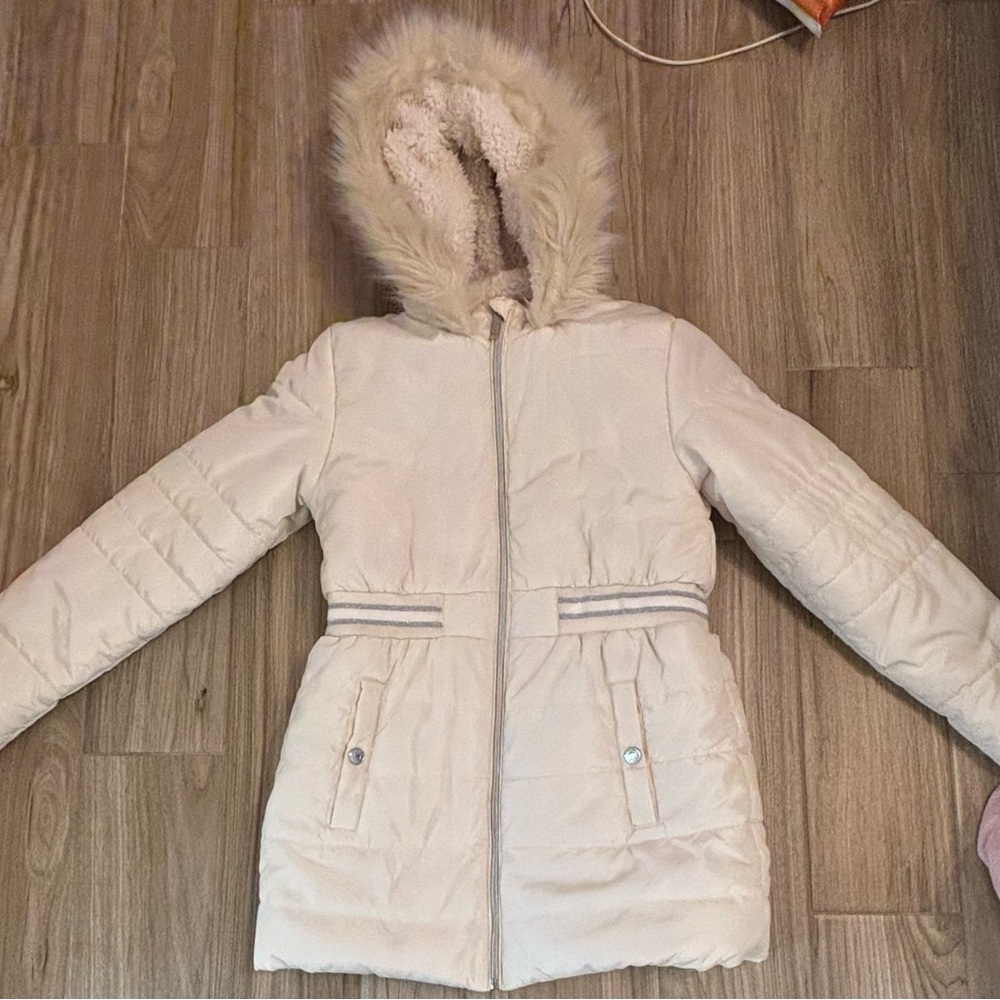 BCBGirls Cream Puffer Jacket with Faux Fur Hood